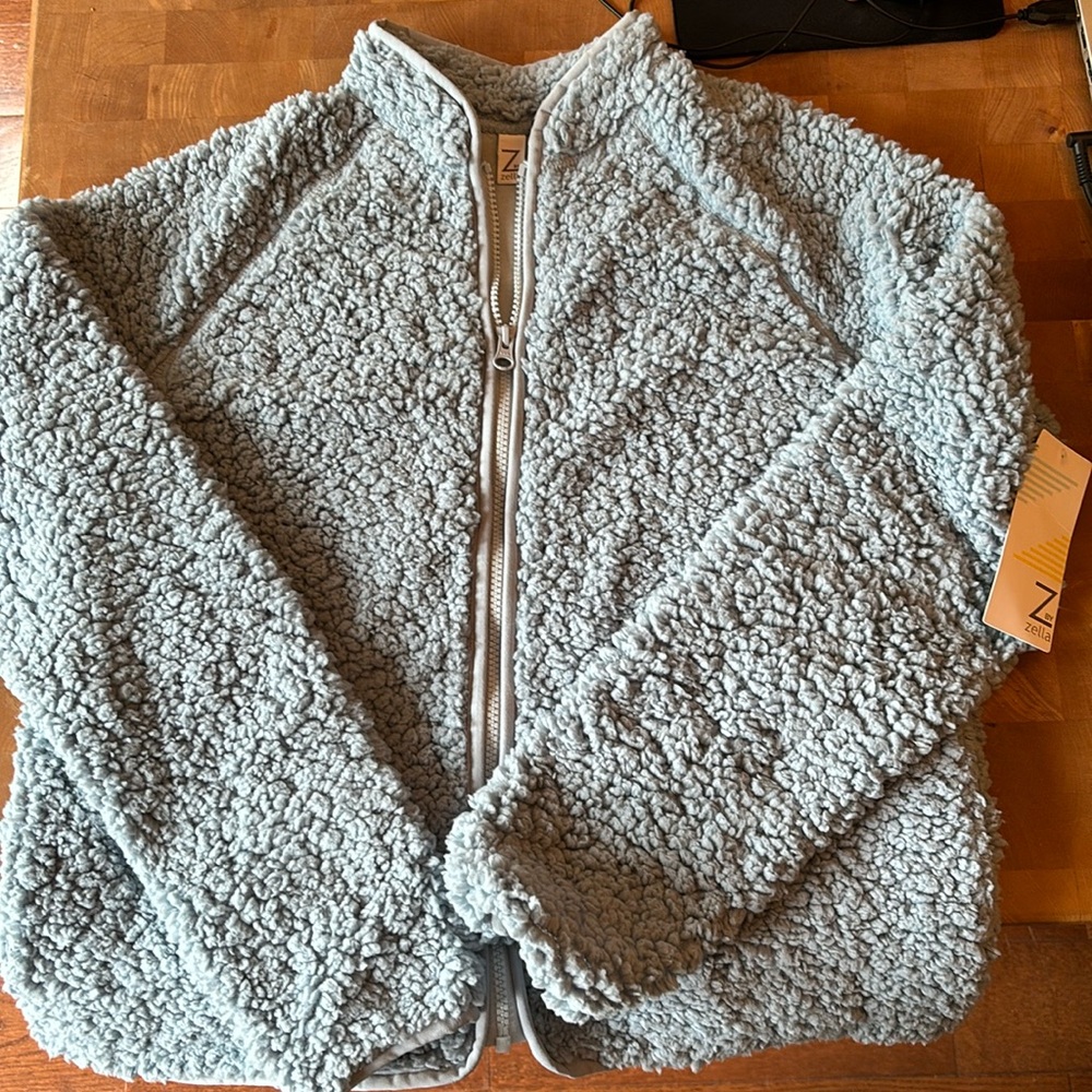 Zella light blue zipper up fleece coat, brand new, tags on!